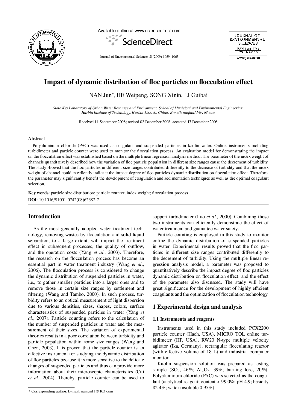 عکس صفحه اول مقاله: Impact of dynamic distribution of floc particles on flocculation effect Impact of dynamic distribution of floc particles on flocculation effect