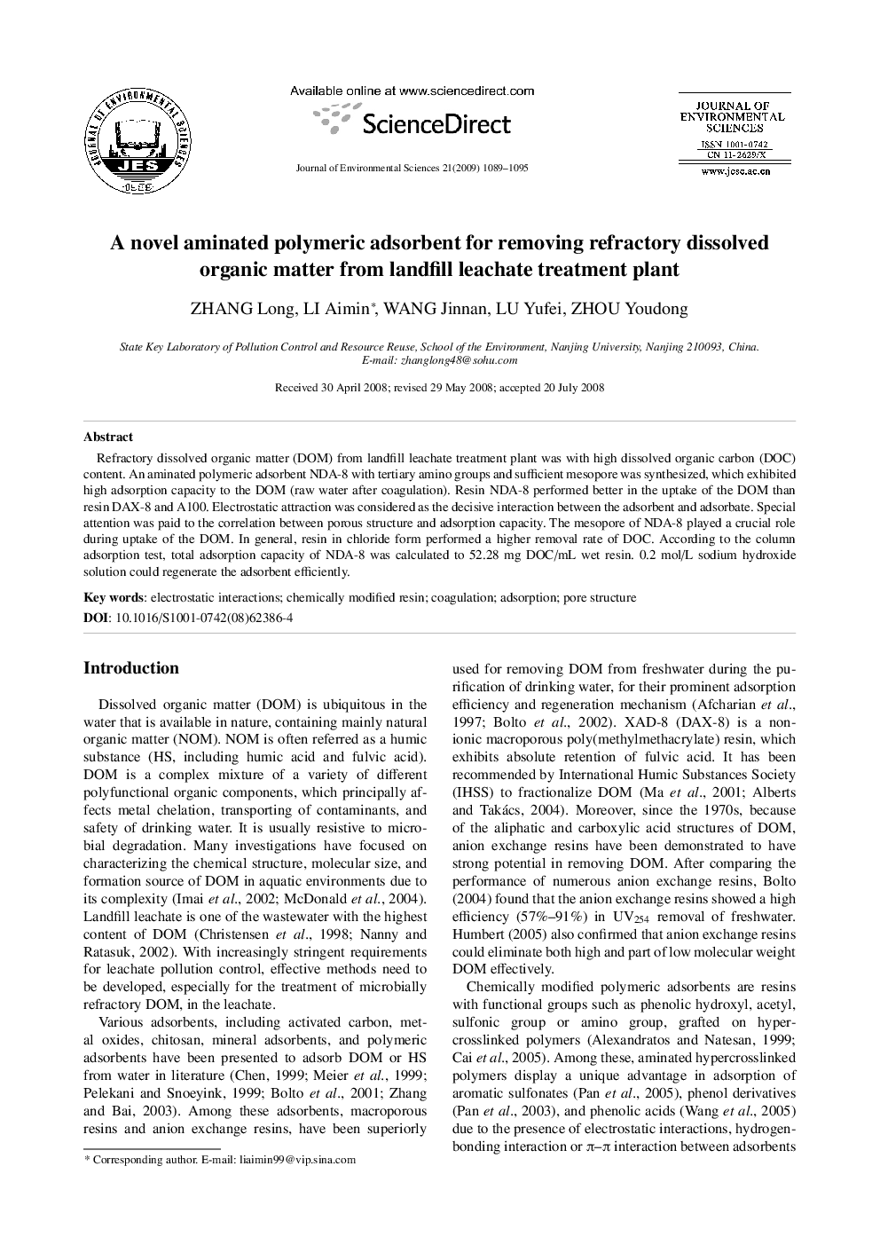 A novel aminated polymeric adsorbent for removing refractory dissolved organic matter from landfill leachate treatment plant