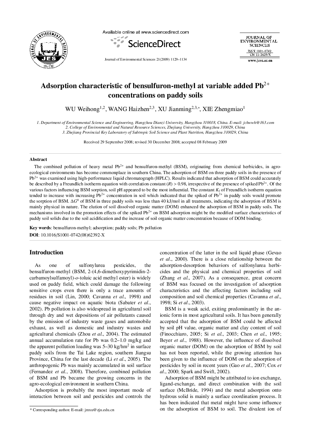 Adsorption characteristic of bensulfuron-methyl at variable added Pb2+ concentrations on paddy soils