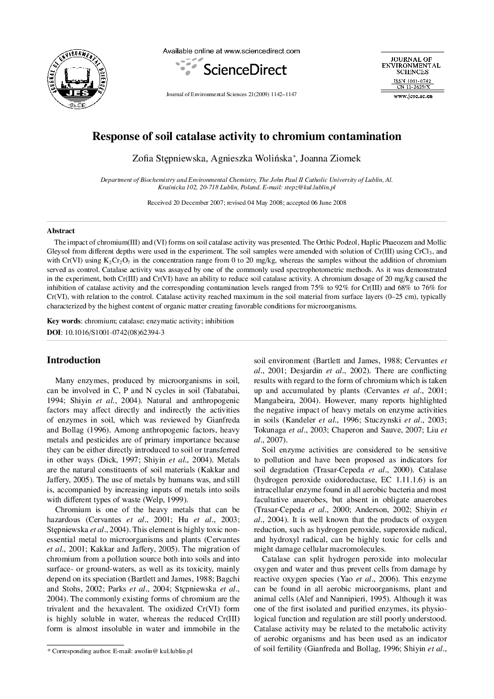 Response of soil catalase activity to chromium contamination