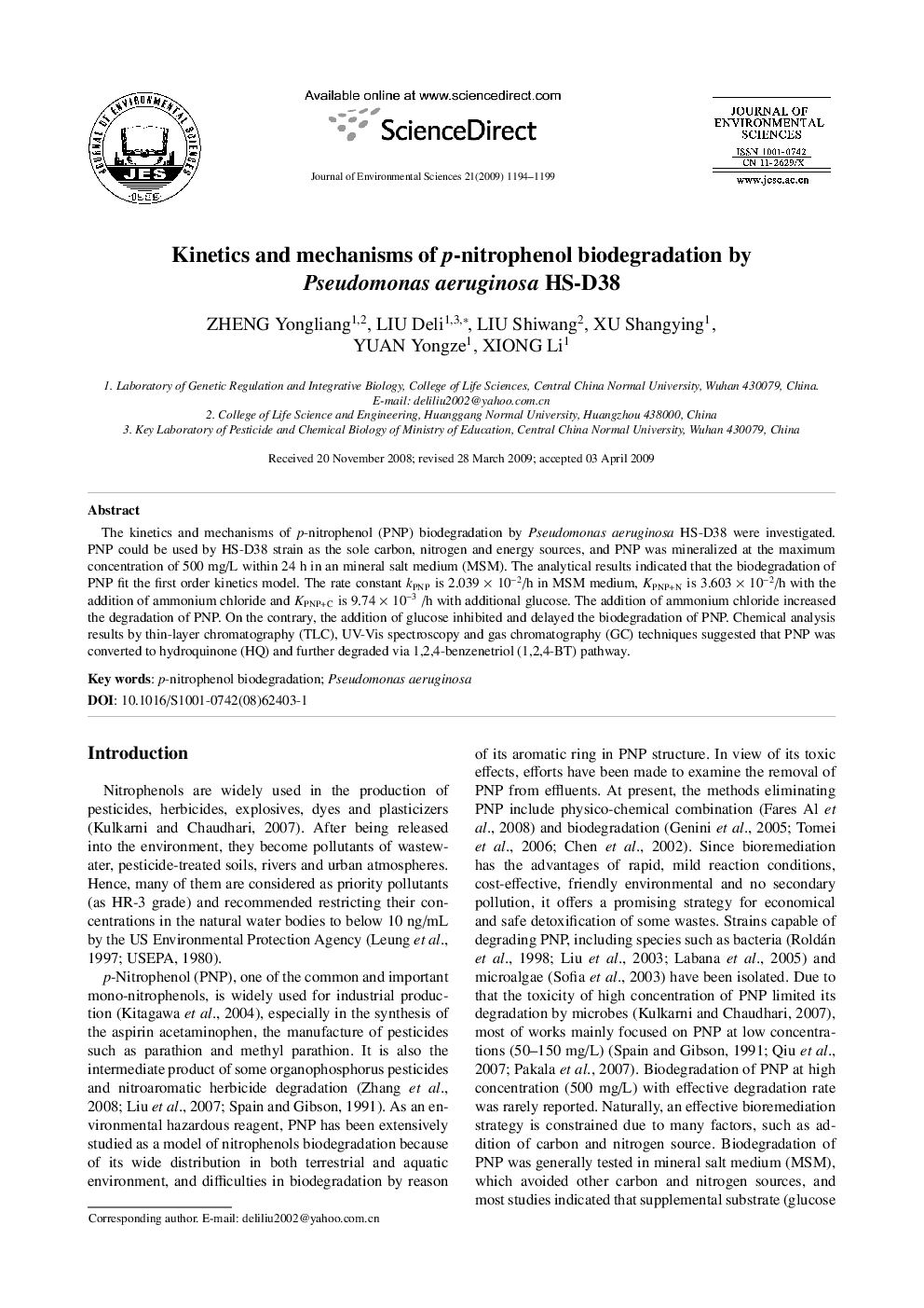 Kinetics and mechanisms of p-nitrophenol biodegradation by Pseudomonas aeruginosa HS-D38