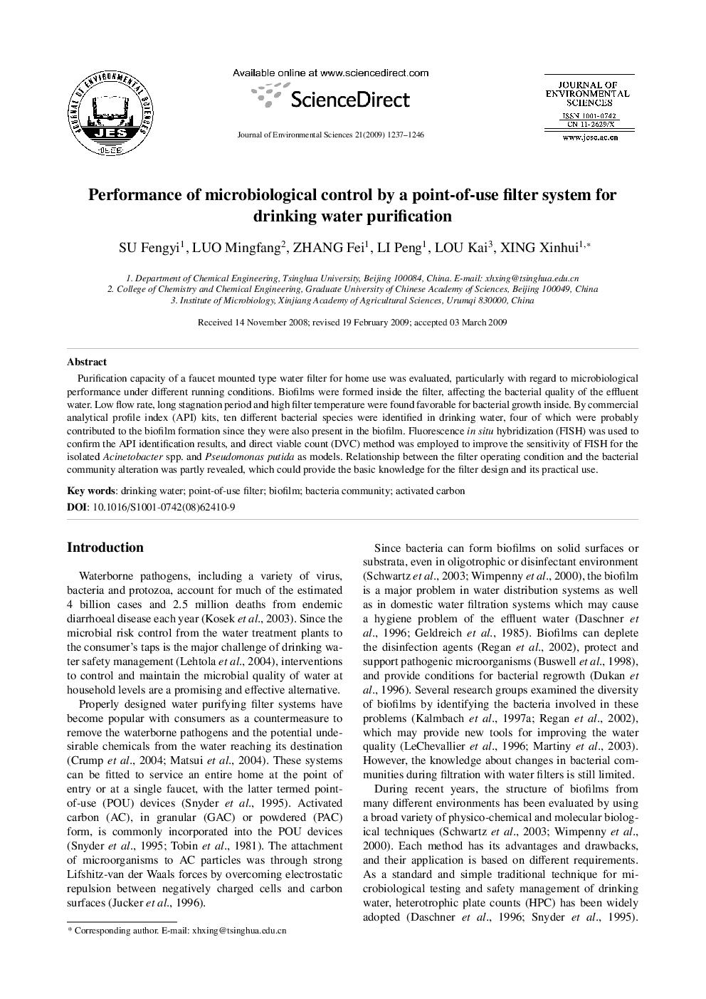 Performance of microbiological control by a point-of-use filter system for drinking water purification