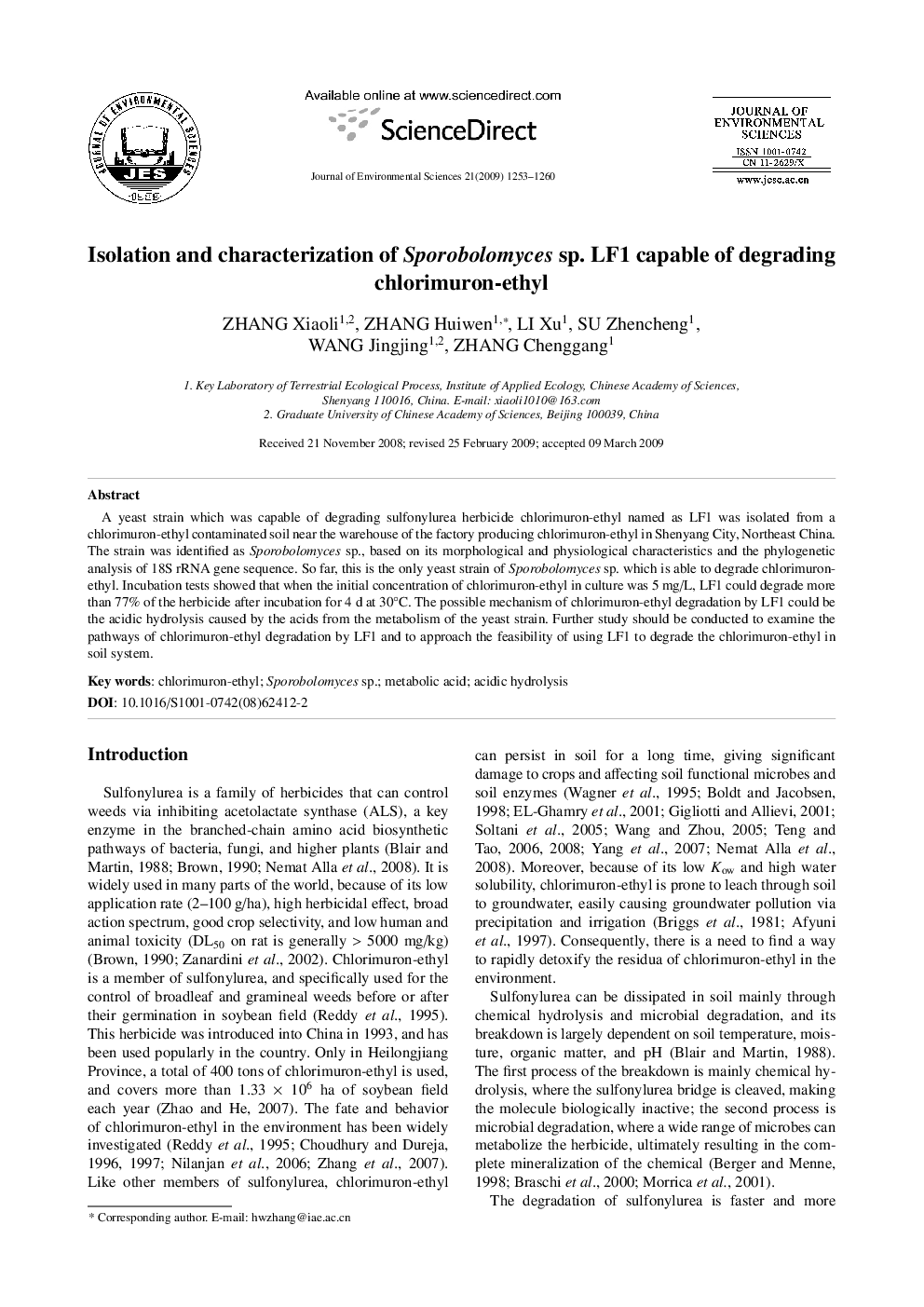 Isolation and characterization of Sporobolomyces sp. LF1 capable of degrading chlorimuron-ethyl