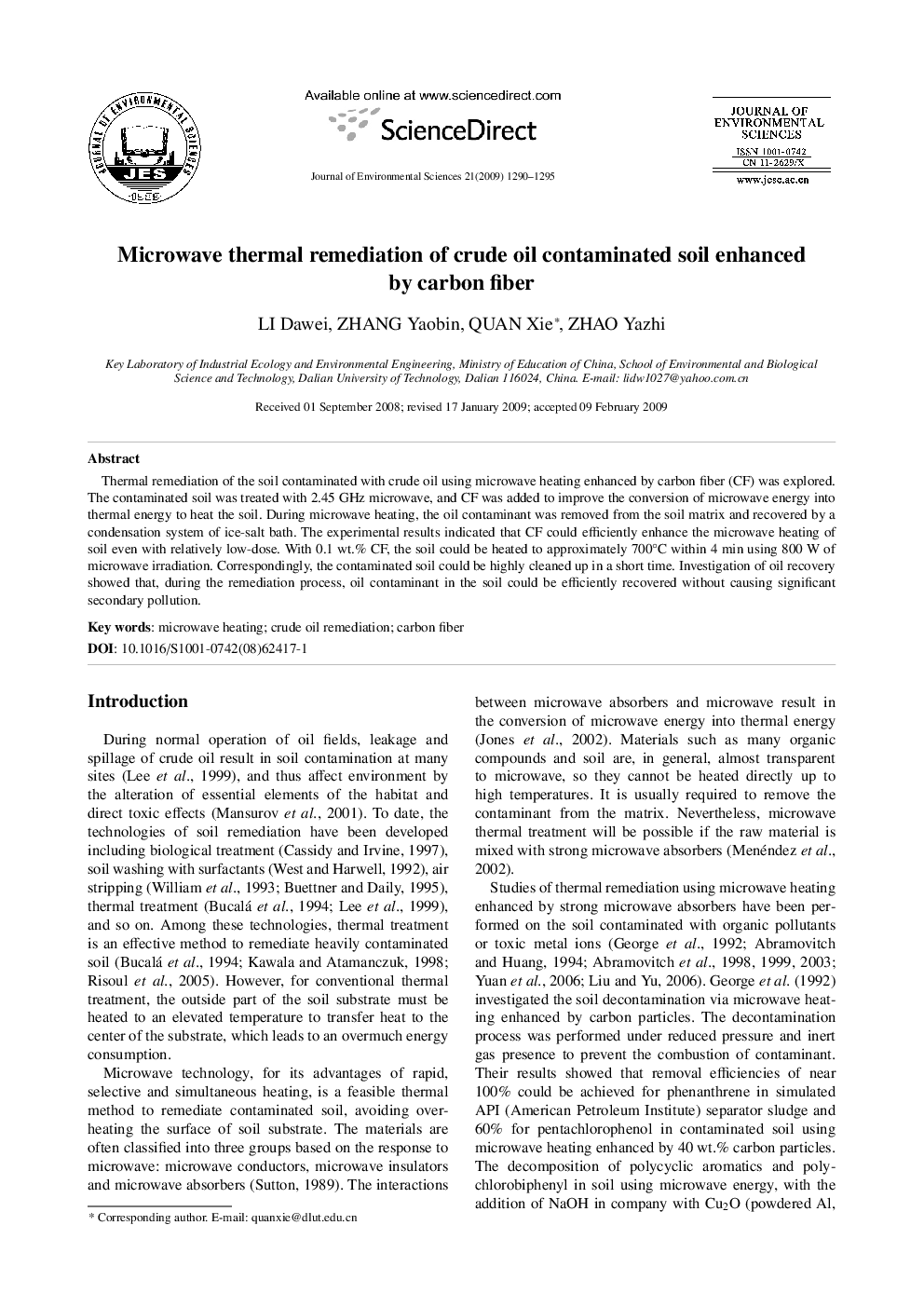 Microwave thermal remediation of crude oil contaminated soil enhanced by carbon fiber