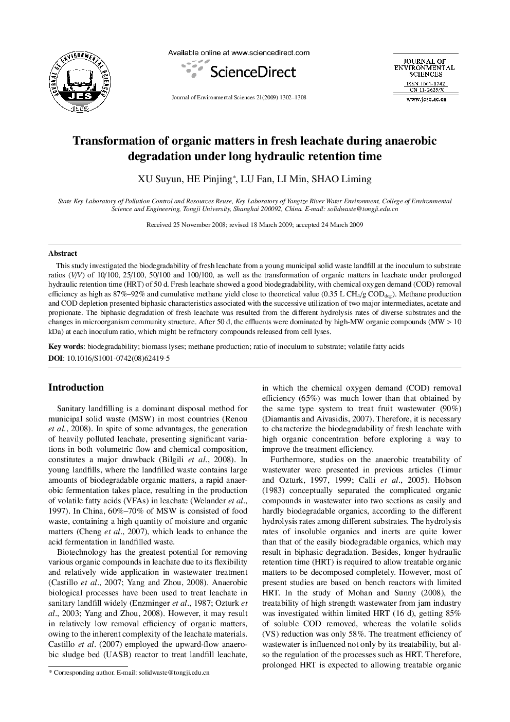 Transformation of organic matters in fresh leachate during anaerobic degradation under long hydraulic retention time