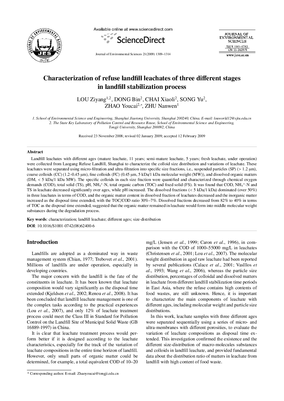Characterization of refuse landfill leachates of three different stages in landfill stabilization process