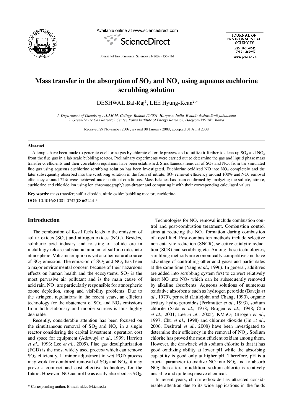 Mass transfer in the absorption of SO2 and NOx using aqueous euchlorine scrubbing solution