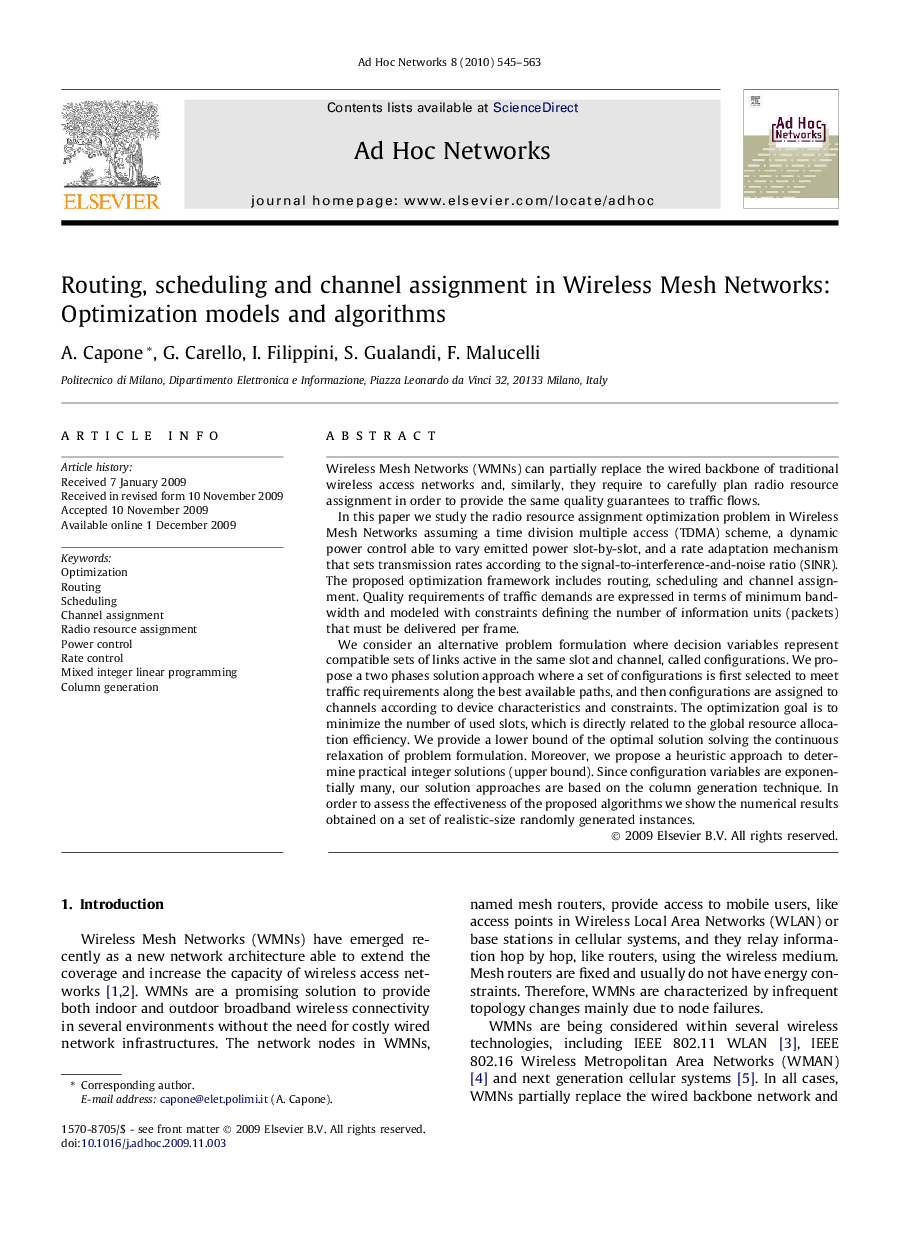 Routing, scheduling and channel assignment in Wireless Mesh Networks: Optimization models and algorithms