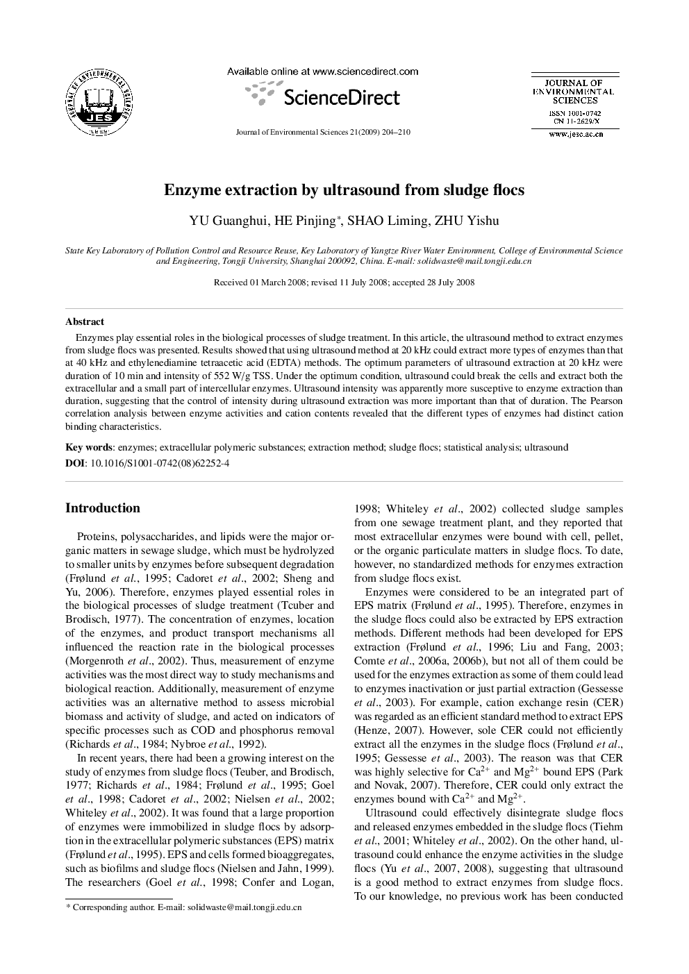 Enzyme extraction by ultrasound from sludge flocs
