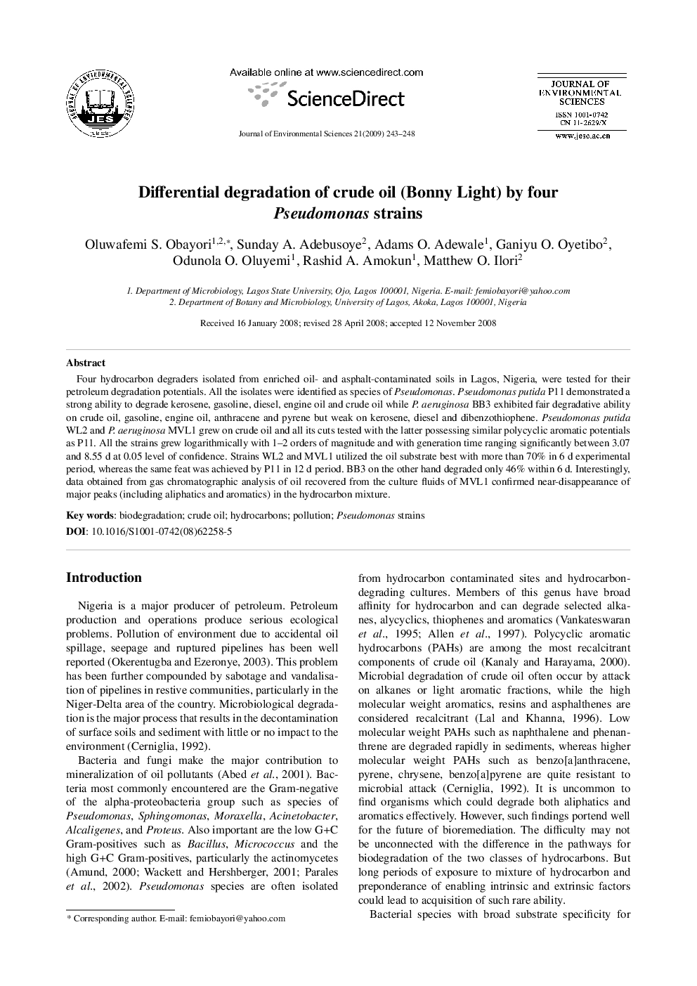 Differential degradation of crude oil (Bonny Light) by four Pseudomonas strains