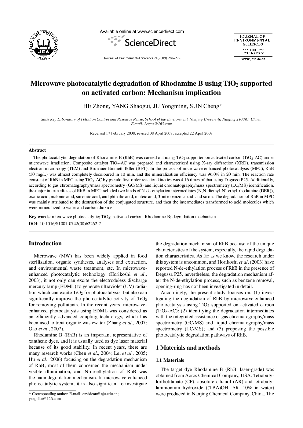 Microwave photocatalytic degradation of Rhodamine B using TiO2 supported on activated carbon: Mechanism implication