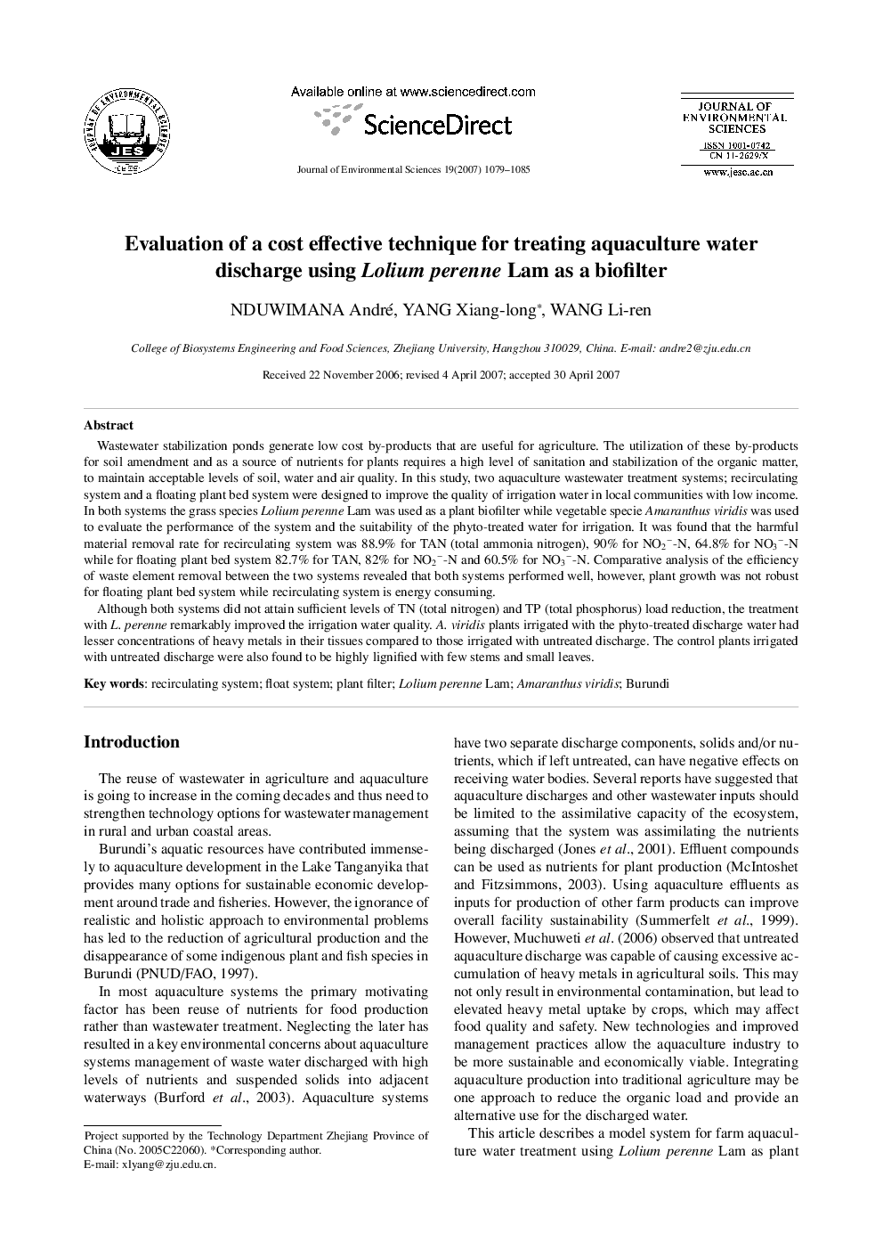 Evaluation of a cost effective technique for treating aquaculture water discharge using Lolium perenne Lam as a biofilter 