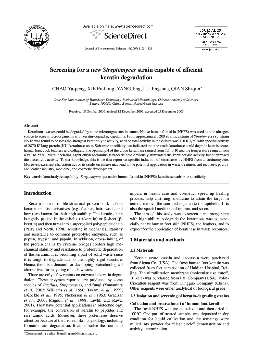 عکس صفحه اول مقاله: Screening for a new Streptomyces strain capable of efficient keratin degradation Screening for a new Streptomyces strain capable of efficient keratin degradation