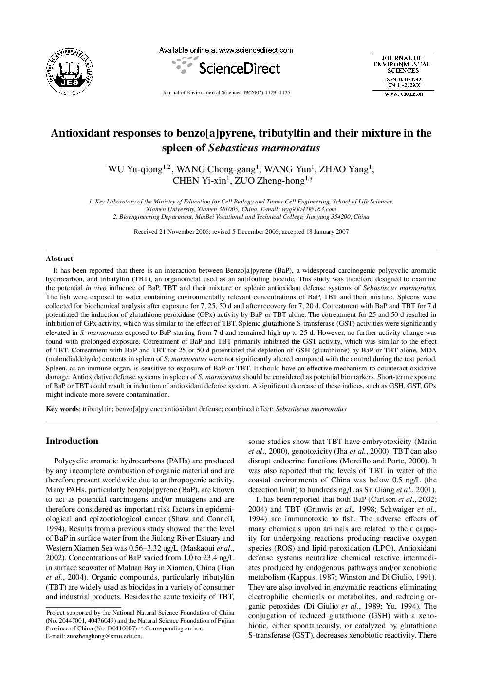 Antioxidant responses to benzo[a]pyrene, tributyltin and their mixture in the spleen of Sebasticus marmoratus 