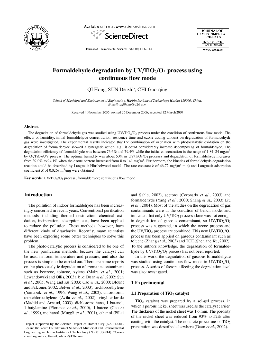 عکس صفحه اول مقاله: Formaldehyde degradation by UV/TiO2/O3 process using continuous flow mode Formaldehyde degradation by UV/TiO2/O3 process using continuous flow mode