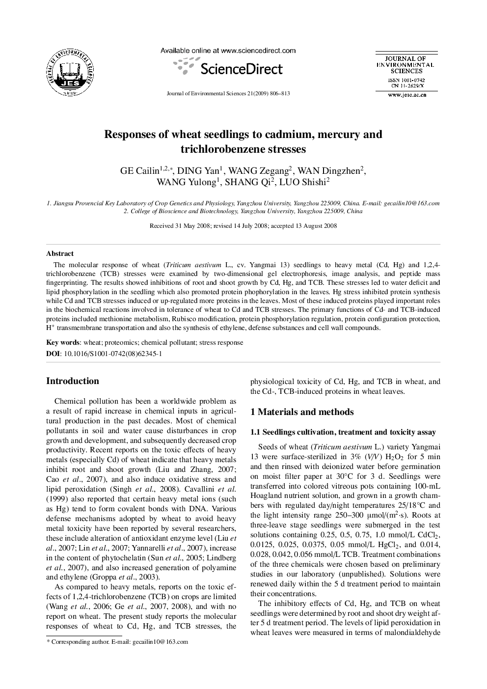 Responses of wheat seedlings to cadmium, mercury and trichlorobenzene stresses