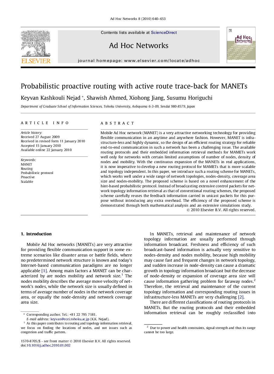 Probabilistic proactive routing with active route trace-back for MANETs