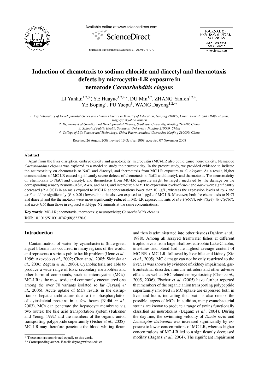 عکس صفحه اول مقاله: Induction of chemotaxis to sodium chloride and diacetyl and thermotaxis defects by microcystin-LR exposure in nematode Caenorhabditis elegans Induction of chemotaxis to sodium chloride and diacetyl and thermotaxis defects by microcystin-LR exposure in nematode Caenorhabditis elegans
