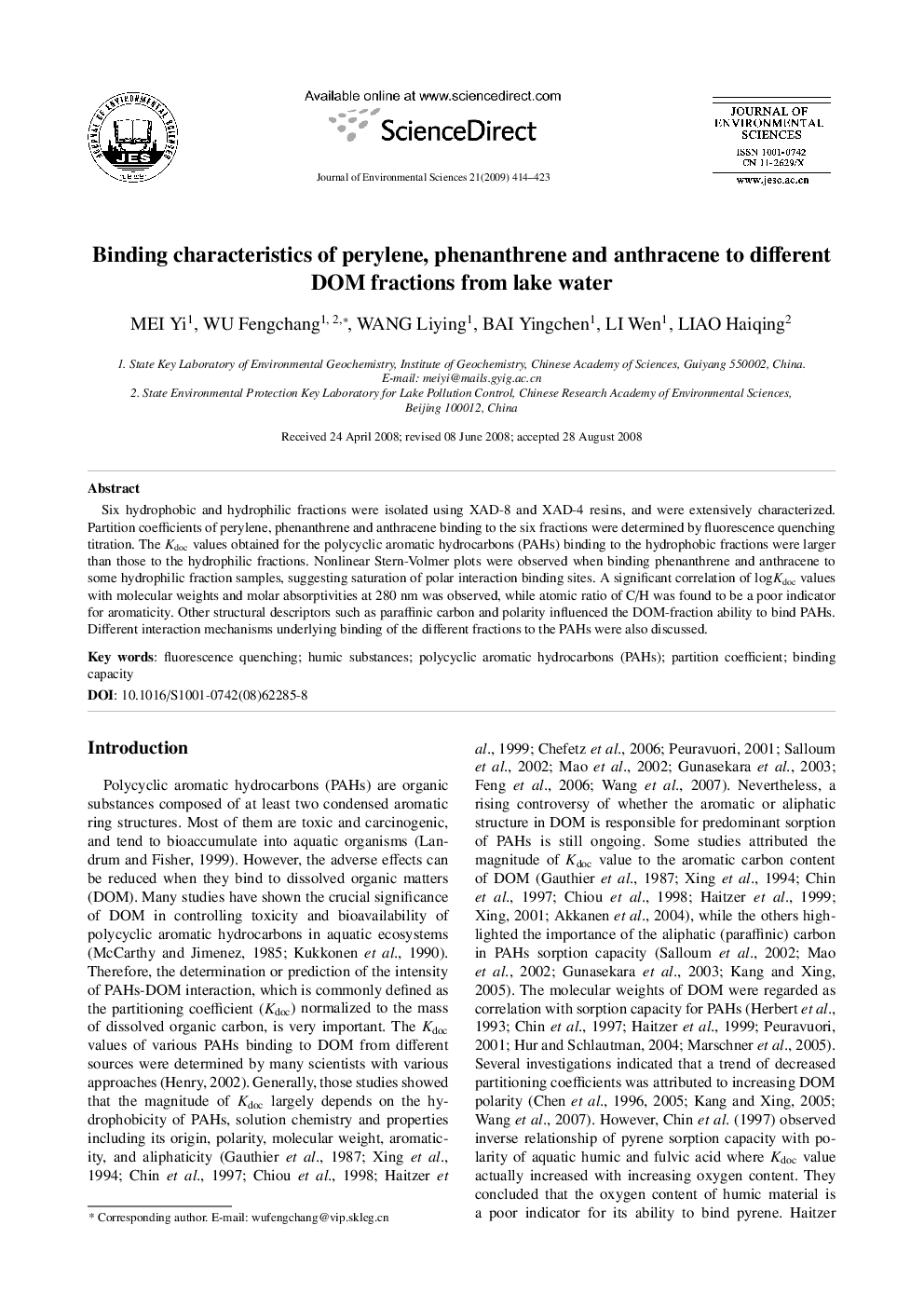 عکس صفحه اول مقاله: Binding characteristics of perylene, phenanthrene and anthracene to different DOM fractions from lake water Binding characteristics of perylene, phenanthrene and anthracene to different DOM fractions from lake water