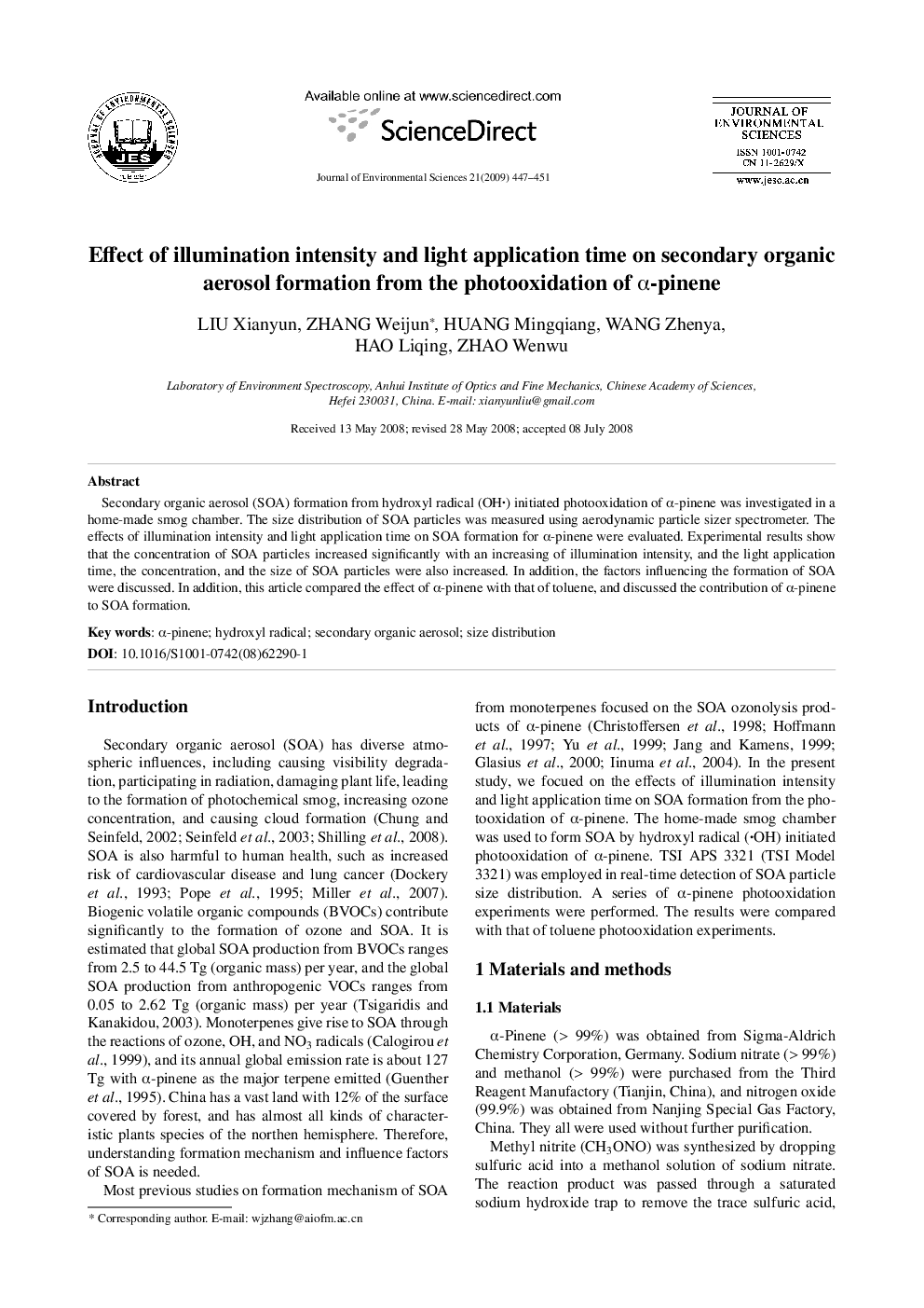 Effect of illumination intensity and light application time on secondary organic aerosol formation from the photooxidation of α-pinene