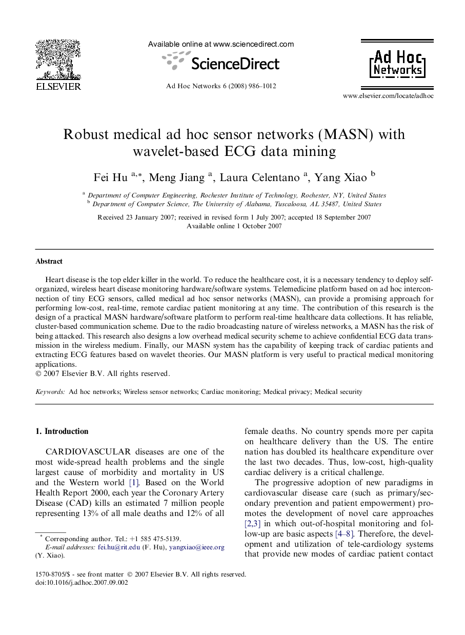 Robust medical ad hoc sensor networks (MASN) with wavelet-based ECG data mining