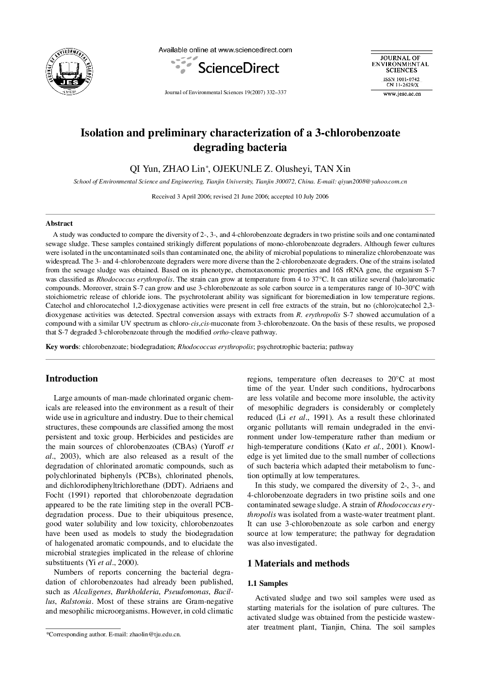 Isolation and preliminary characterization of a 3-chlorobenzoate degrading bacteria
