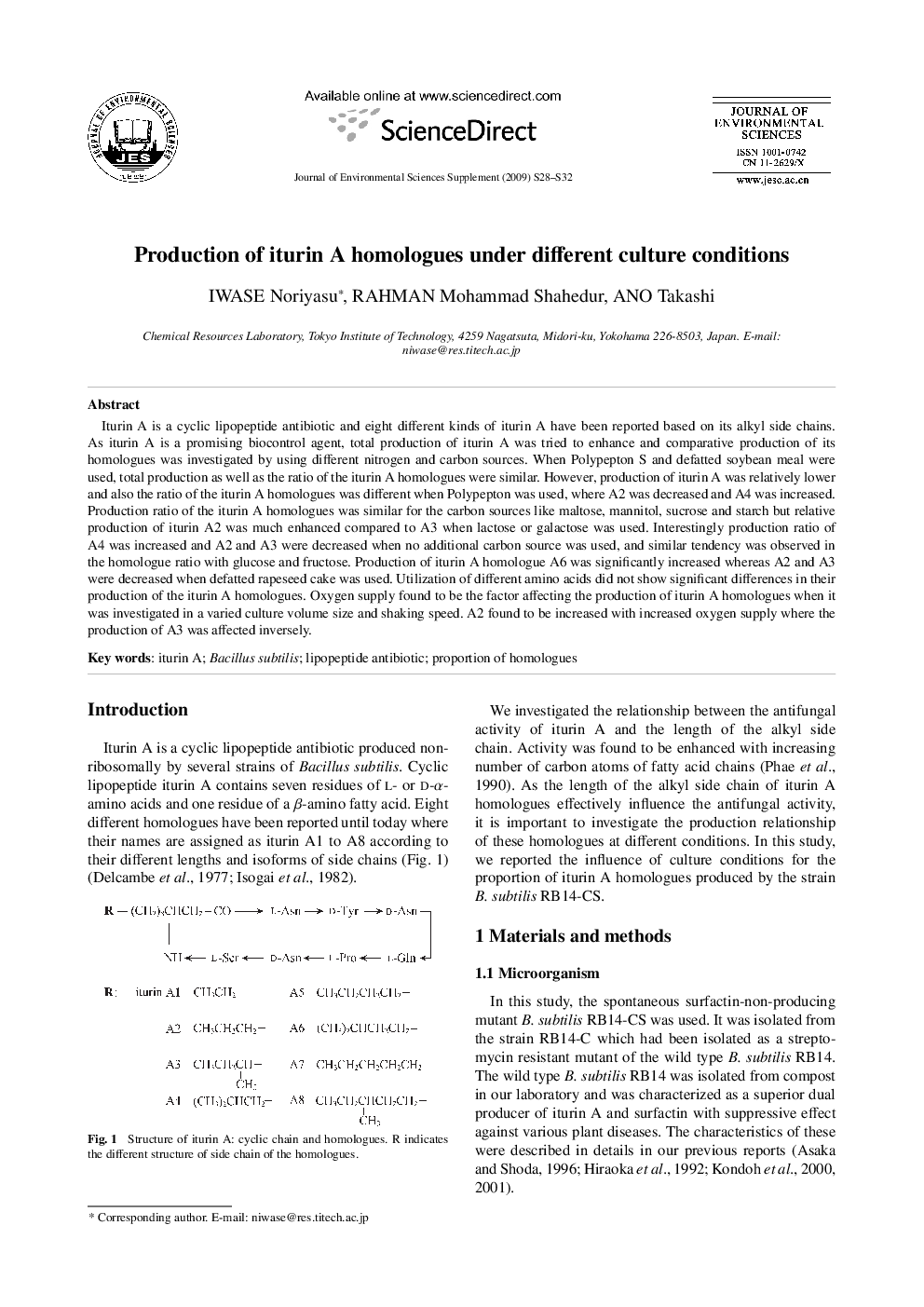 Production of iturin A homologues under different culture conditions