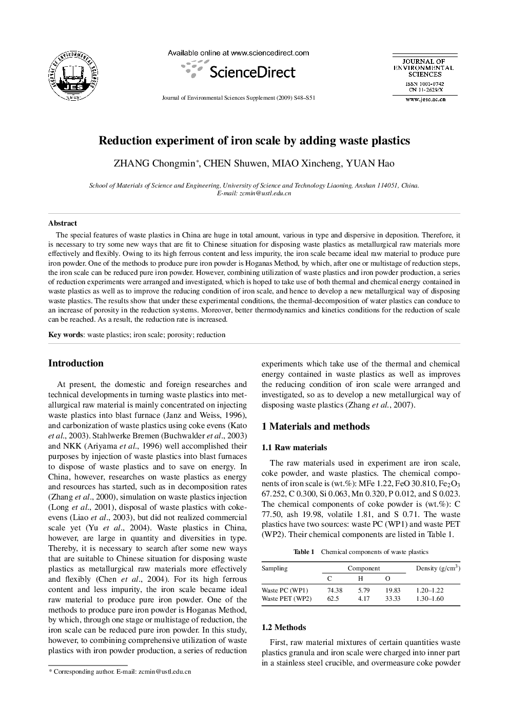 Reduction experiment of iron scale by adding waste plastics