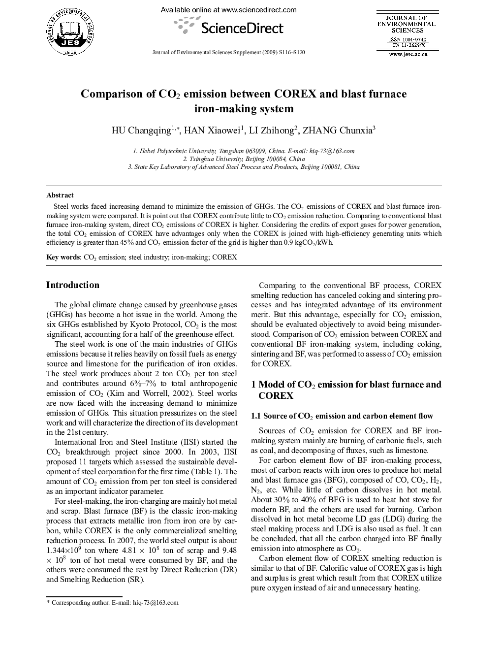 Comparison of CO2 emission between COREX and blast furnace iron-making system