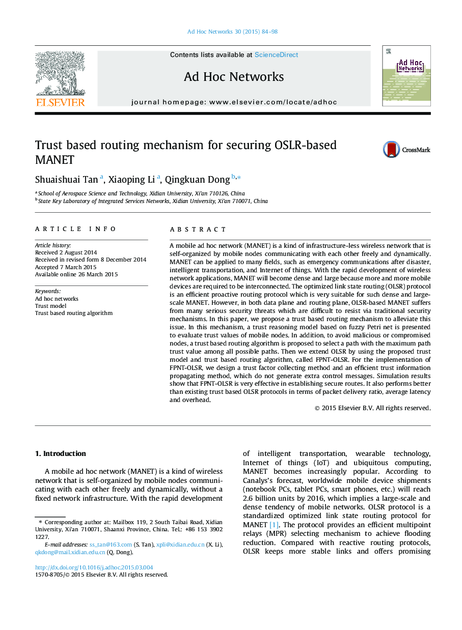 Trust based routing mechanism for securing OSLR-based MANET