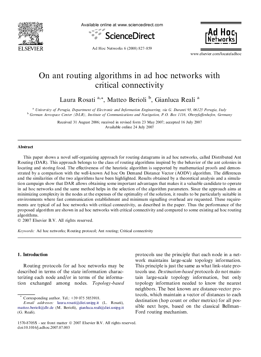 On ant routing algorithms in ad hoc networks with critical connectivity