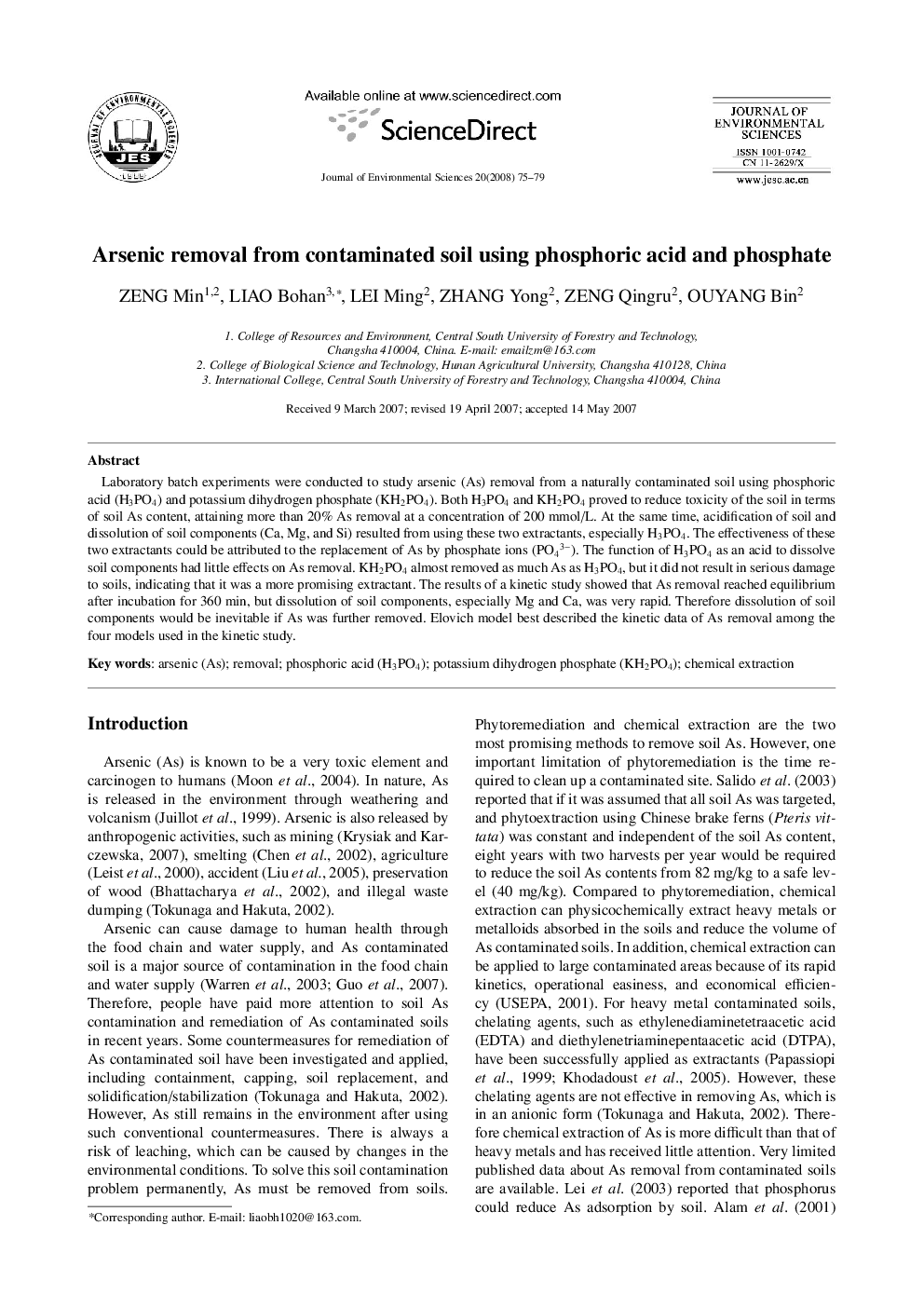 Arsenic removal from contaminated soil using phosphoric acid and phosphate