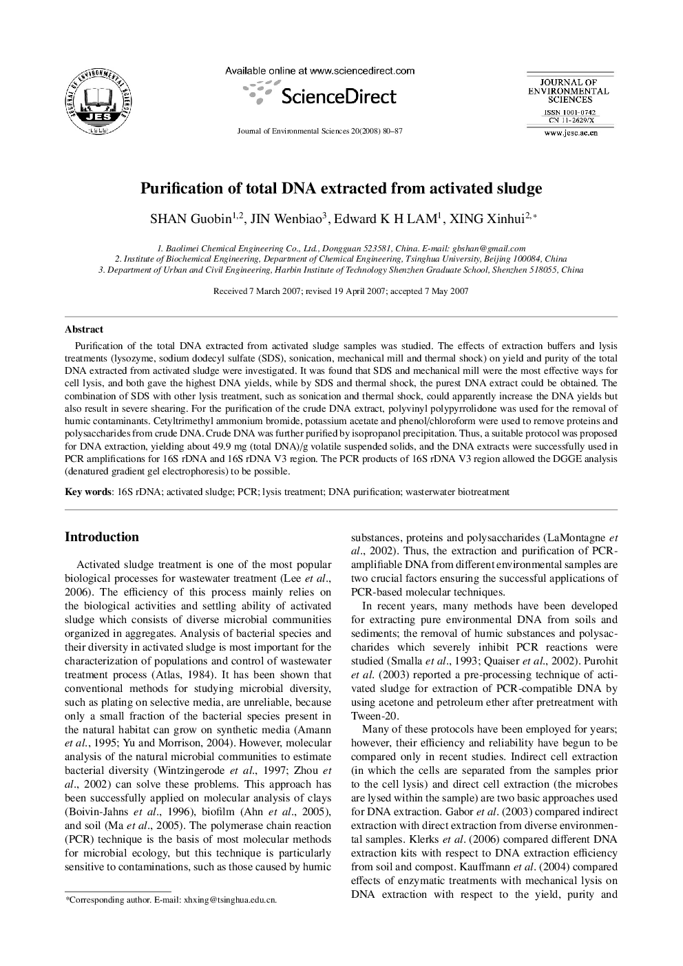 Purification of total DNA extracted from activated sludge