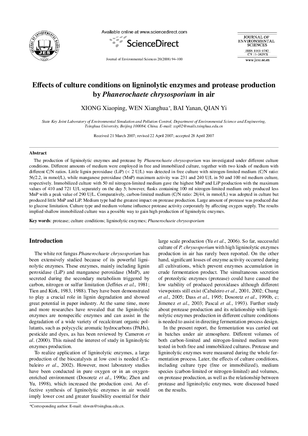 Effects of culture conditions on ligninolytic enzymes and protease production by Phanerochaete chrysosporium in air