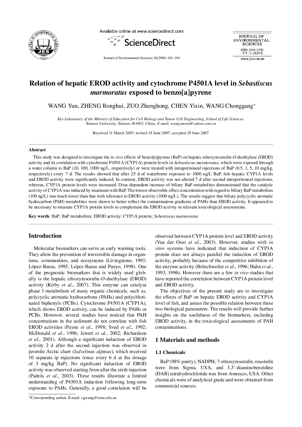 Relation of hepatic EROD activity and cytochrome P4501A level in Sebastiscus marmoratus exposed to benzo[a]pyrene
