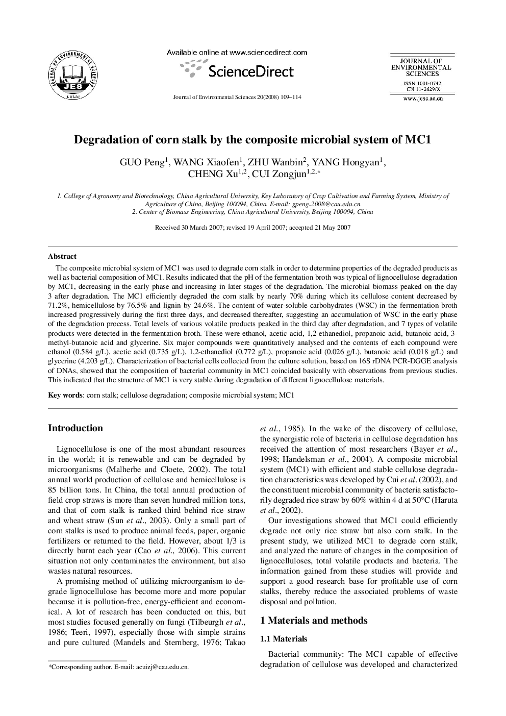 Degradation of corn stalk by the composite microbial system of MC1