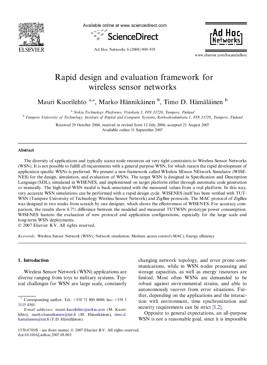 Rapid design and evaluation framework for wireless sensor networks