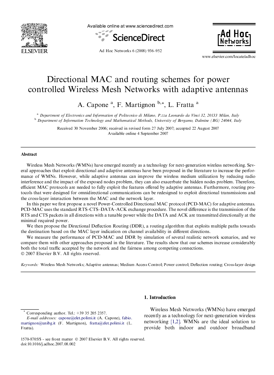 Directional MAC and routing schemes for power controlled Wireless Mesh Networks with adaptive antennas