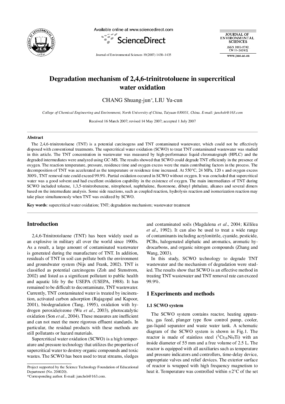 Degradation mechanism of 2,4,6-trinitrotoluene in supercritical water oxidation 