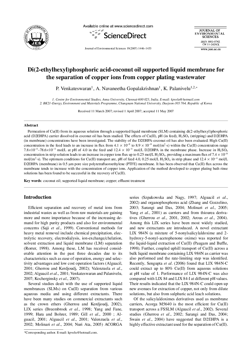 Di(2-ethylhexyl)phosphoric acid-coconut oil supported liquid membrane for the separation of copper ions from copper plating wastewater