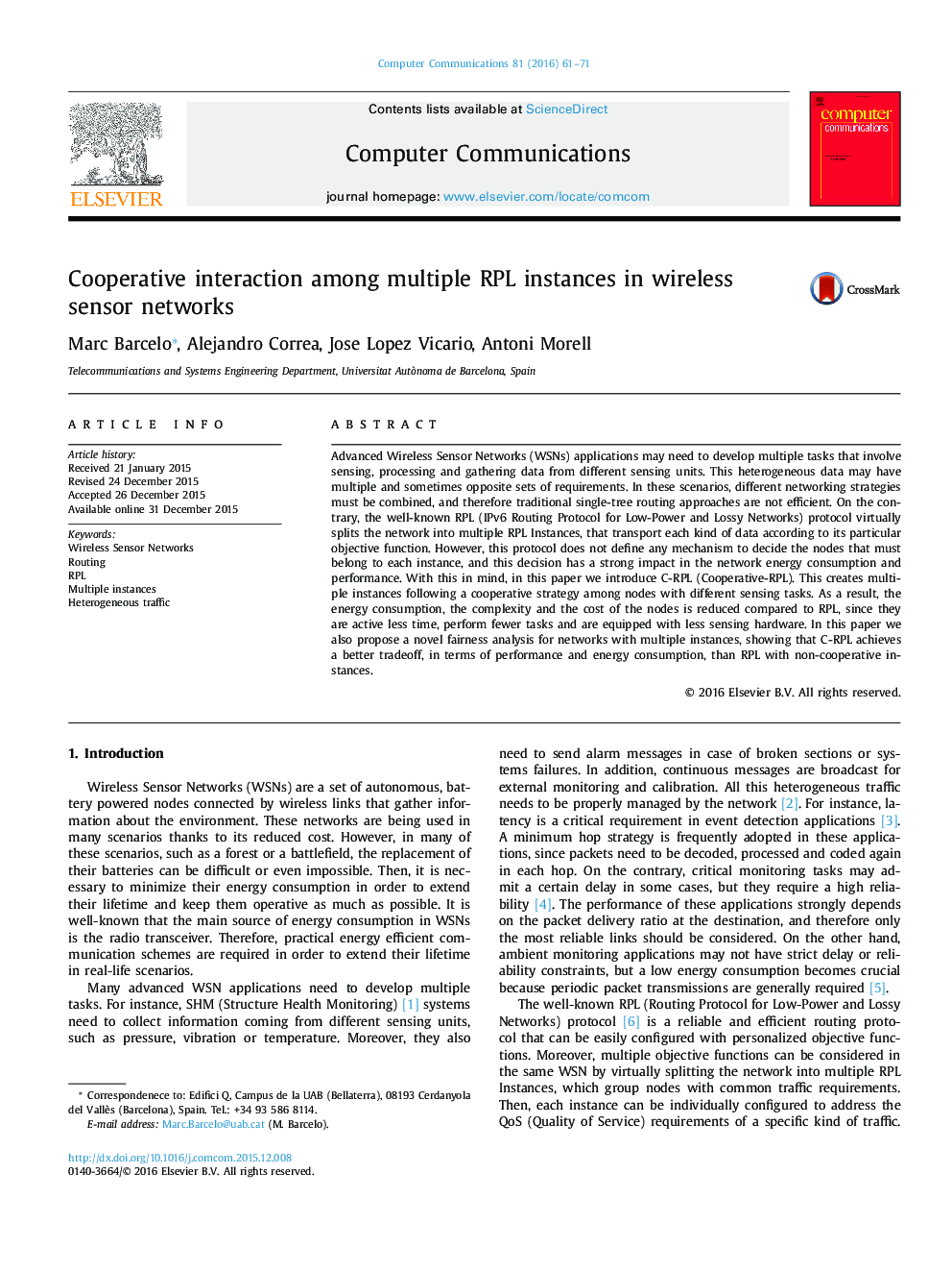 Cooperative interaction among multiple RPL instances in wireless sensor networks