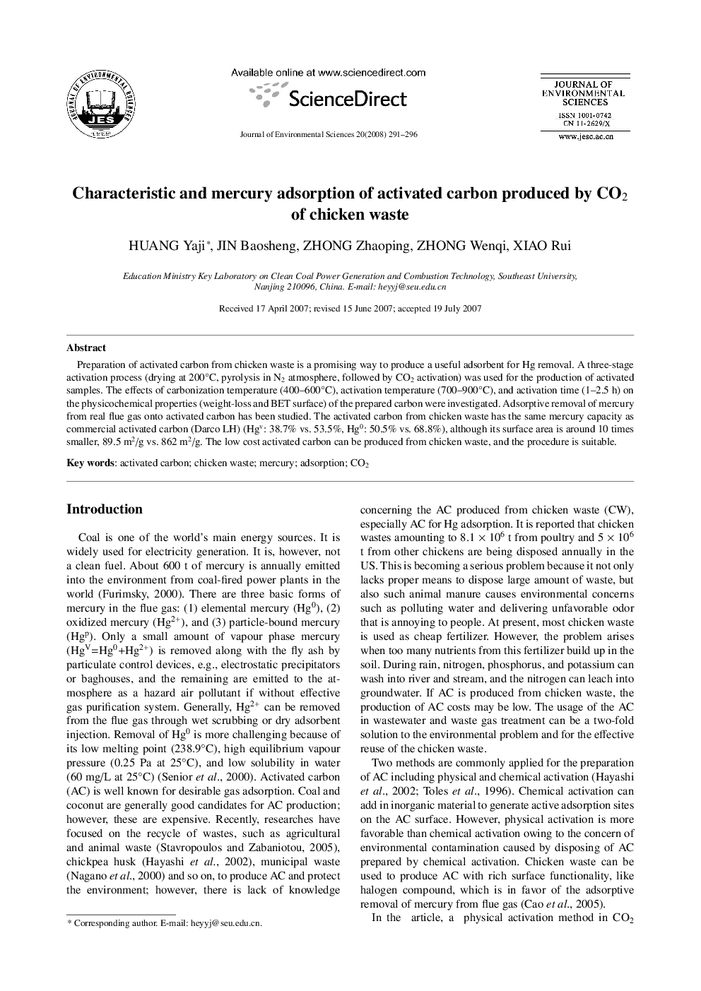 Characteristic and mercury adsorption of activated carbon produced by CO2 of chicken waste