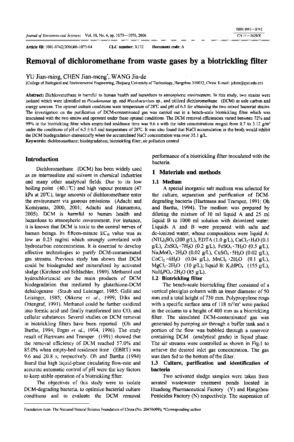 Removal of dichloromethane from waste gases by a biotrickling filter 