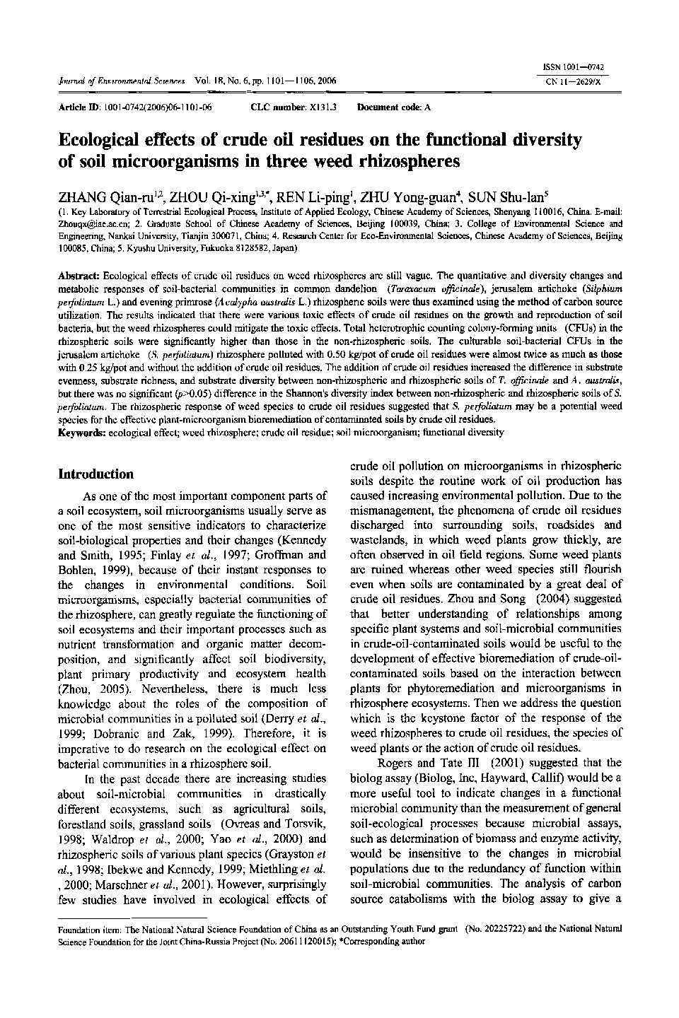 Ecological effects of crude oil residues on the functional diversity of soil microorganisms in three weed rhizospheres 
