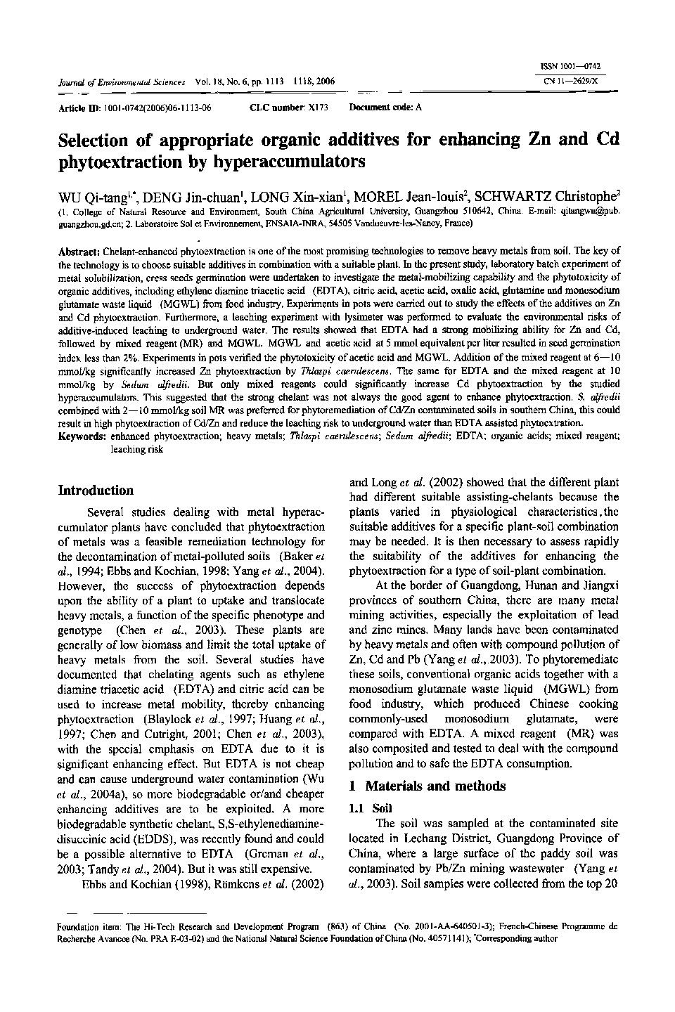 Selection of appropriate organic additives for enhancing Zn and Cd phytoextraction by hyperaccumulators 