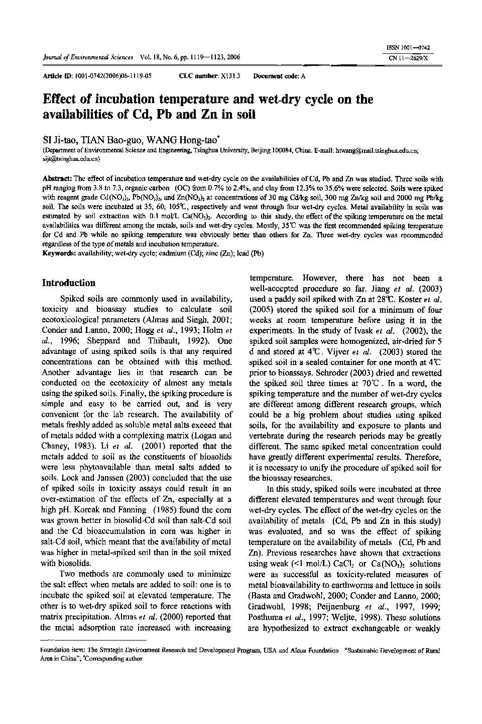 Effect of incubation temperature and wet-dry cycle on the availabilities of Cd, Pb and Zn in soil 