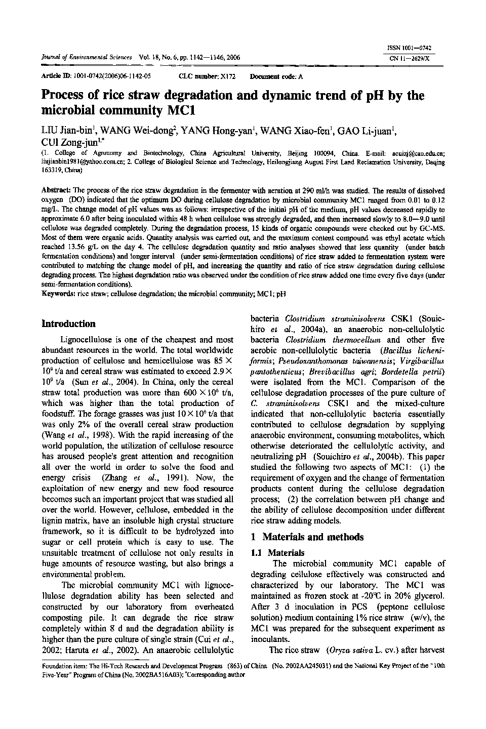 Process of rice straw degradation and dynamic trend of pH by the microbial community MC1 