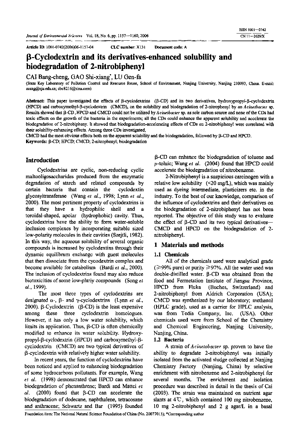 β-Cyclodextrin and its derivatives-enhanced solubility and biodegradation of 2-nitrobiphenyl 