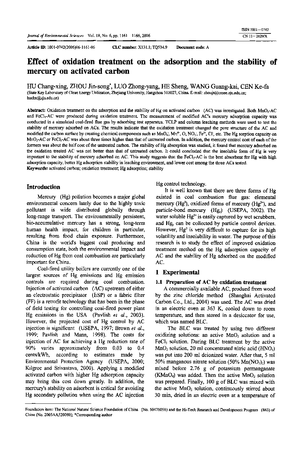 Effect of oxidation treatment on the adsorption and the stability of mercury on activated carbon 