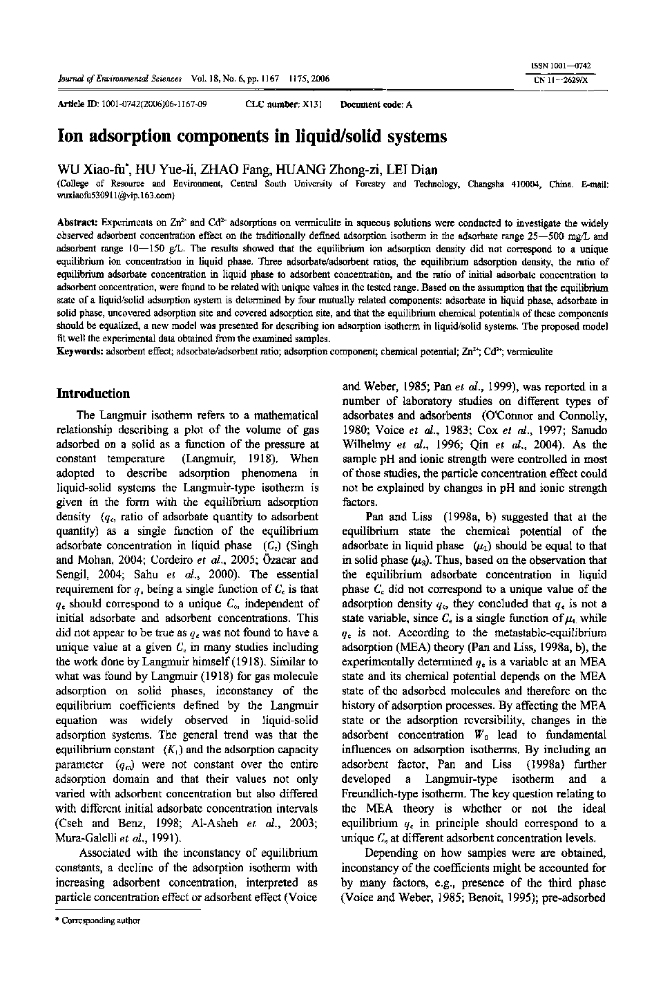 Ion adsorption components in liquid/solid systems